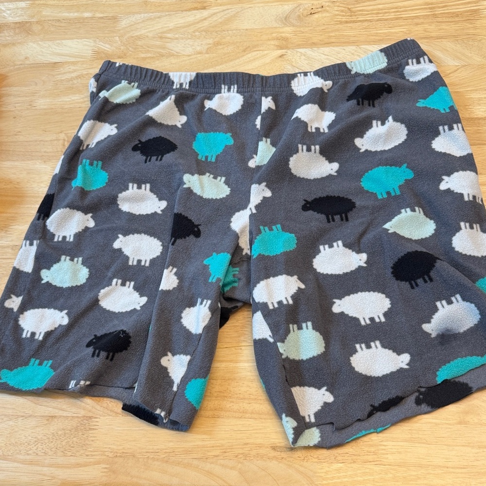 Sonoma Lounge homemade cut Shorts with Teal, White & Charcoal Sheep Print, large